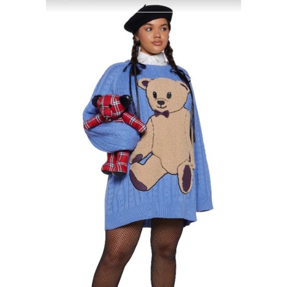 90s Y2K Vibes Dollskill Delia's Teddy Bear Sweater Dress Oversized‎ Small Blue